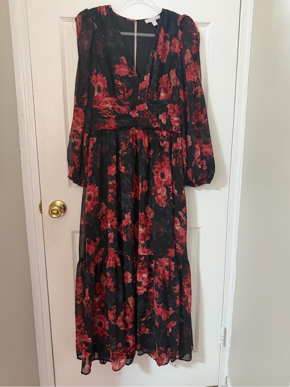 Chelsea28 Black Dress with Red Floral Print, Long Sleeve Midi